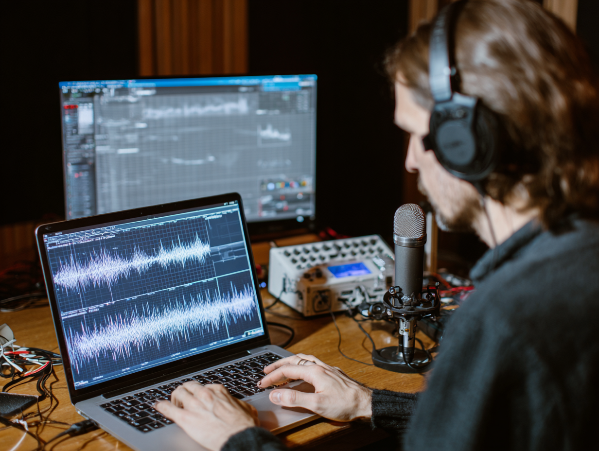 Sound engineer calibrating audio system with frequency analysis software
